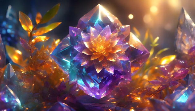 kristall, diamand, bokeh, glow, floral, close up, Lila, bunt, funkend, all, cyber, futuristisch, blur, neu, modern, y2k