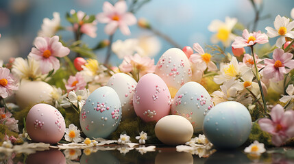 Fototapeta na wymiar Magic Easter Landscape, eggs inside flowers, Happy Easter. Congratulatory easter background, gentle pastel colours, copy space, Spring flowers and easter egg with blue background, celebration
