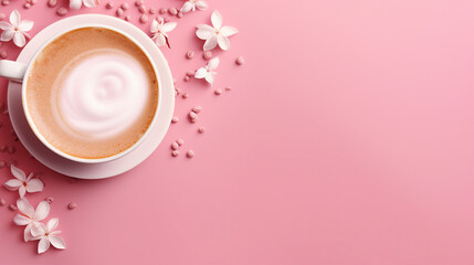 Obraz na płótnie Canvas Captivating Pink Cappuccino: Trendy Coffee Concept with Stylish Aesthetic, White Flower Petals, and Copy Space for Text on an Isolated Background - Perfect for Your Morning Ritual
