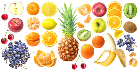 Fresh fruit collection, isolated on white background: orange, pineapple, grape, lemon, apple, kiwi, mandarin,cherry