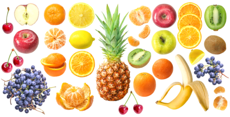 Fresh fruit collection, isolated on white background: orange, pineapple, grape, lemon, apple, kiwi, mandarin,cherry