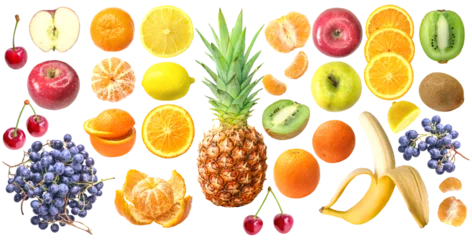 Fotobehang Fresh fruit collection, isolated on white background: orange, pineapple, grape, lemon, apple, kiwi, mandarin,cherry © Vlada