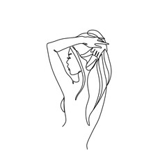 Beautiful woman abstract portrait, continuous line drawing, girl is single line on white background,  vector illustration. Tattoo, print and logo design for spa or beauty salon.