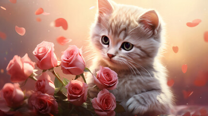 Cute cat holding roses on valentines day - obrazy, fototapety, plakaty