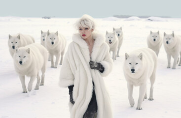 Beautiful young woman with white hair wearing fur coat walking in snow field with wolfs. Dreamlike style