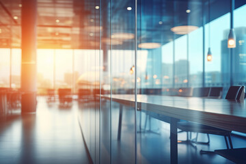 Fototapeta premium A minimalist and comfortable office setting with dreamy blurred details panoramic windows and soft light evoking a sense of peace and productivity. AI generative.
