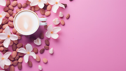 Captivating Pink Cappuccino: Trendy Coffee Concept with Stylish Aesthetic, White Flower Petals, and Copy Space for Text on an Isolated Background - Perfect for Your Morning Ritual
