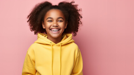 Obraz na płótnie Canvas Young african american girl student in casual clothes smiling, dreaming, thinking, copy space. Dreamy lady with bushy curly hair, positive vibes and ponders on nice plan, has satisfied expression