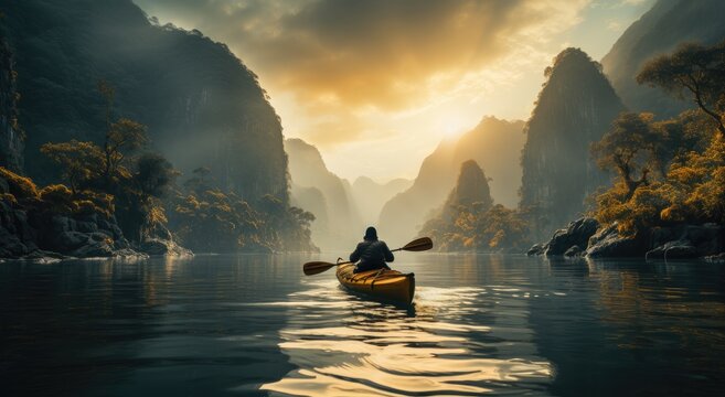 Silent solitude on a misty river, as a lone canoeist navigates through the ethereal fog towards a vibrant sunset over majestic mountains