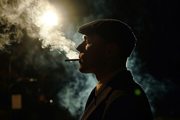 Man in suit and flat cap smoking a cigarette,dark weather and dim lights