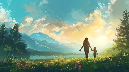 Obraz na płótnie Canvas Mother-Child Bonding on Nature Walk for Mother's Day