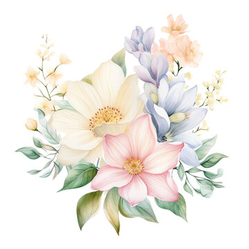 Watercolor illustration with spring pastel flowers bouquet. Isolated on transparent background. Perfect for card, postcard, tags, invitation, printing, wrapping.
