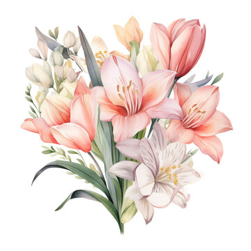 Watercolor illustration with spring flowers bouquet lilies.  Isolated on transparent background. Perfect for card, postcard, tags, invitation, printing, wrapping.
