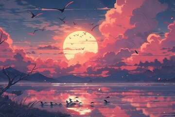 pink aesthetic sunset background in pixel art style.