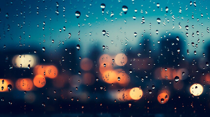 Rain drops on window with cityscape at night, abstract background.