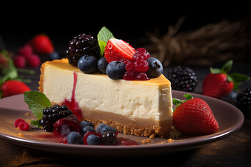 Slice of classic plain New York Cheesecake served with fresh strawberries, raspberries, mint is healthy organic dessert. Generation AI