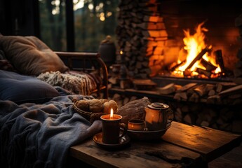 Amidst the crackling fire, a cozy bed awaits with a tray of warm food and a bowl of crunchy nuts, creating a perfect indoor retreat surrounded by the comforting embrace of nature
