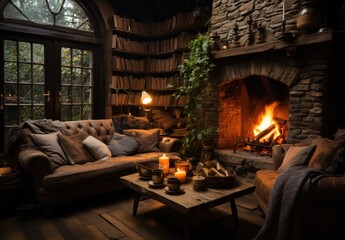 Fototapeta premium Cozy and inviting, this living room boasts a stone fireplace, woodburning stove, and plush couches, creating the perfect space to relax and unwind indoors