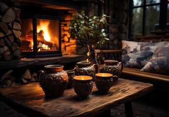 A cozy indoor scene with cups gathered around a fireplace, basking in the warmth of the fire and surrounded by natural elements such as vases and flames