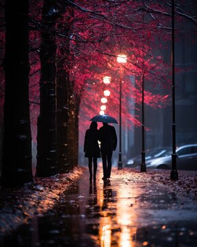 As the rain pours down, a couple walks under an umbrella, their silhouettes blending with the wet ground and illuminated by the streetlights, braving the winter night together