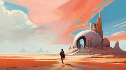 People walking through a desert to the mysterious building, digital art style, illustration painting, generative, AI.