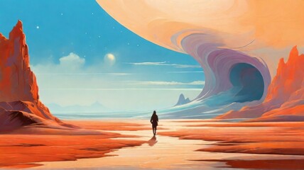 People walking through a desert to the mysterious building, digital art style, illustration painting, generative, AI.