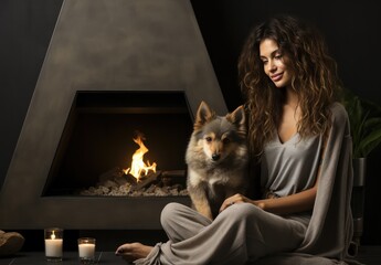 A solitary woman finds warmth and companionship as she sits by the fire with her faithful dog, their human and canine faces illuminated by the dancing flames against the cozy indoor setting