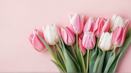 Beautiful composition spring flowers. Bouquet of pink tulips flowers on pastel pink background. Valentine's Day, Easter, Birthday, Happy Women's Day, Mother's Day. Flat lay, top view, generative, AI.