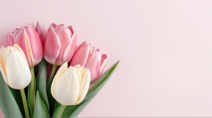 Beautiful composition spring flowers. Bouquet of pink tulips flowers on pastel pink background. Valentine's Day, Easter, Birthday, Happy Women's Day, Mother's Day. Flat lay, top view, generative, AI.