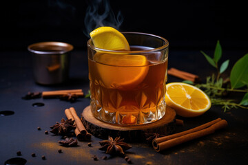 A glass of hot traditional christmas punch or grog with spices and citrus on background
