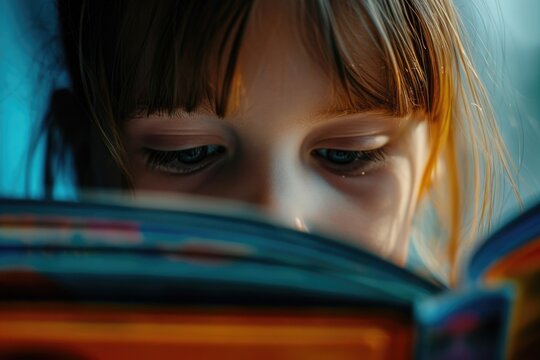 A young girl engrossed in reading a book, with her eyes wide open. This image can be used to depict curiosity, learning, and the joy of reading