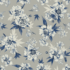 floral botanical seamless pattern with graphic elegant flowers peonies