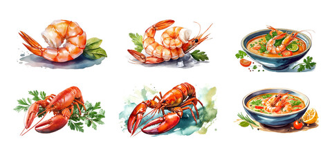 illustration of a set of seafood lobster and shrimps and sushi icons - obrazy, fototapety, plakaty