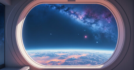View from a window in space. Futuristic fantasy space background, backdrop, wallpaper. - obrazy, fototapety, plakaty
