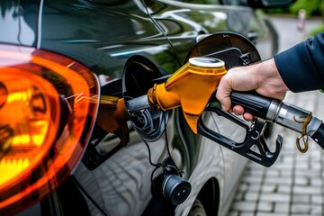 Fototapeta premium Photo a person pumping gasoline fuel in car at gas station