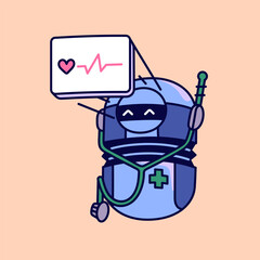 Robot medic display cardiogram, ECG. Machine does medical diagnostic of heart, care about cardio health. Healthcare computer with stethoscope for aid in hospital. Flat isolated vector illustration