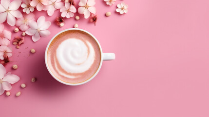 Obraz na płótnie Canvas Captivating Pink Cappuccino: Trendy Coffee Concept with Stylish Aesthetic, White Flower Petals, and Copy Space for Text on an Isolated Background - Perfect for Your Morning Ritual