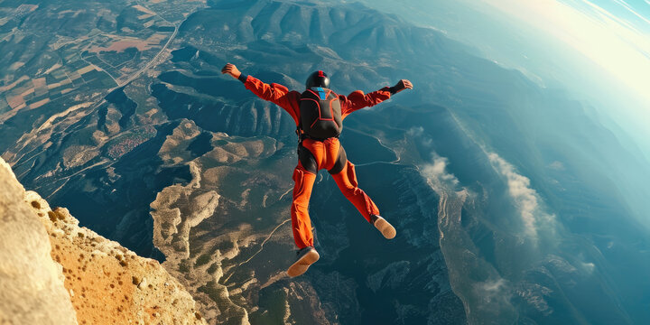 Skydiver in freefall high up in the air.