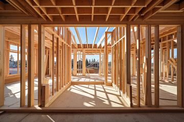 New home is being built at building area with unfinished framing beams wooden home in construction phase I Generation