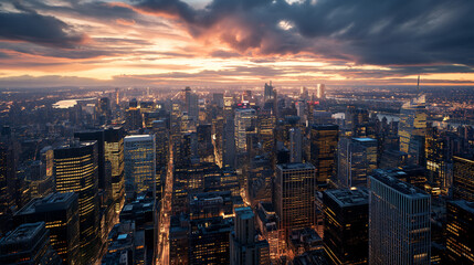Fototapeta premium Dramatic Sunset Over Urban Skyline, Captivating Aerial View of City Lights Awakening as Day Turns to Night, Perfect for Modern Wall Art and Urban Development Themes