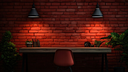 White Brick Wall Interior: Modern Design with Empty Wooden Chair and Vintage Lamp.