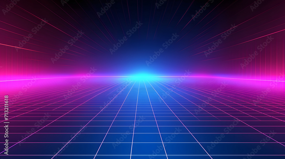 Wall mural 80s retro sci-fi background futuristic grid landscape. digital cyber surface style of the 1980s. dou