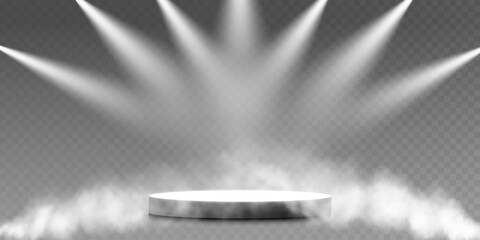 Dark stage podium on transparent background, neon light from spotlight, empty dark stage and studio room with floating smoke. For product demonstrations.