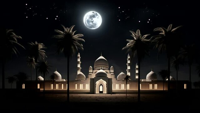 This background is perfect for Ramadan, Eid al-Fitr, Eid al-Adha, and other Islamic festivities. It shows a lovely mosque at night with shooting stars across the sky. 