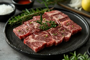 Fototapeta premium A black plate with beef cuts that have been sliced. Generative AI.