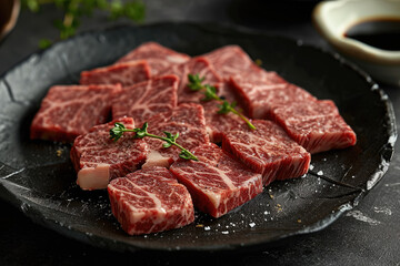 A black plate with beef cuts that have been sliced. Generative AI.