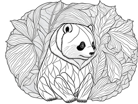 siting panda, black and white image, coloring book page, leaves, jungle illustration for adults and kids, Generative AI