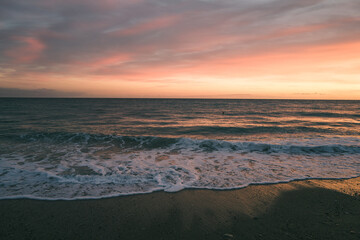 Panoramic sunset view from Finale Ligure at Mediterranean Sea, Italy