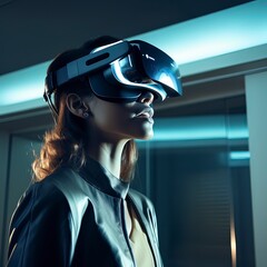 A girl using using glasses of virtual reality, Generative ai.