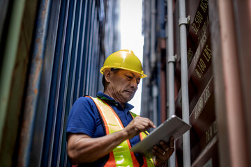 Foreman or worker work at Container cargo site check up goods in container. Foreman or worker...